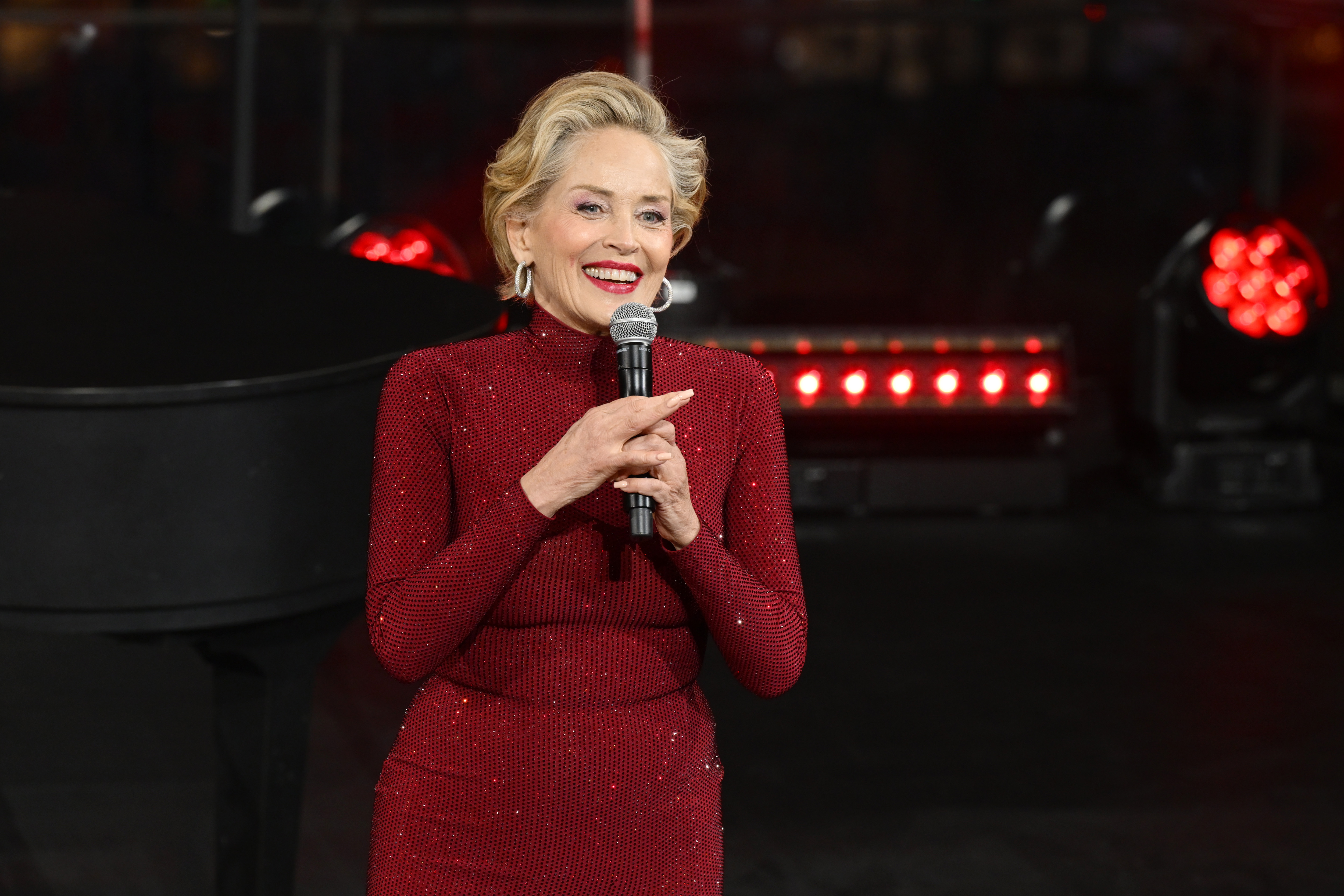 Sharon Stone speaks onstage during the The American Heart Association's Red Dress Collection Concert 2025