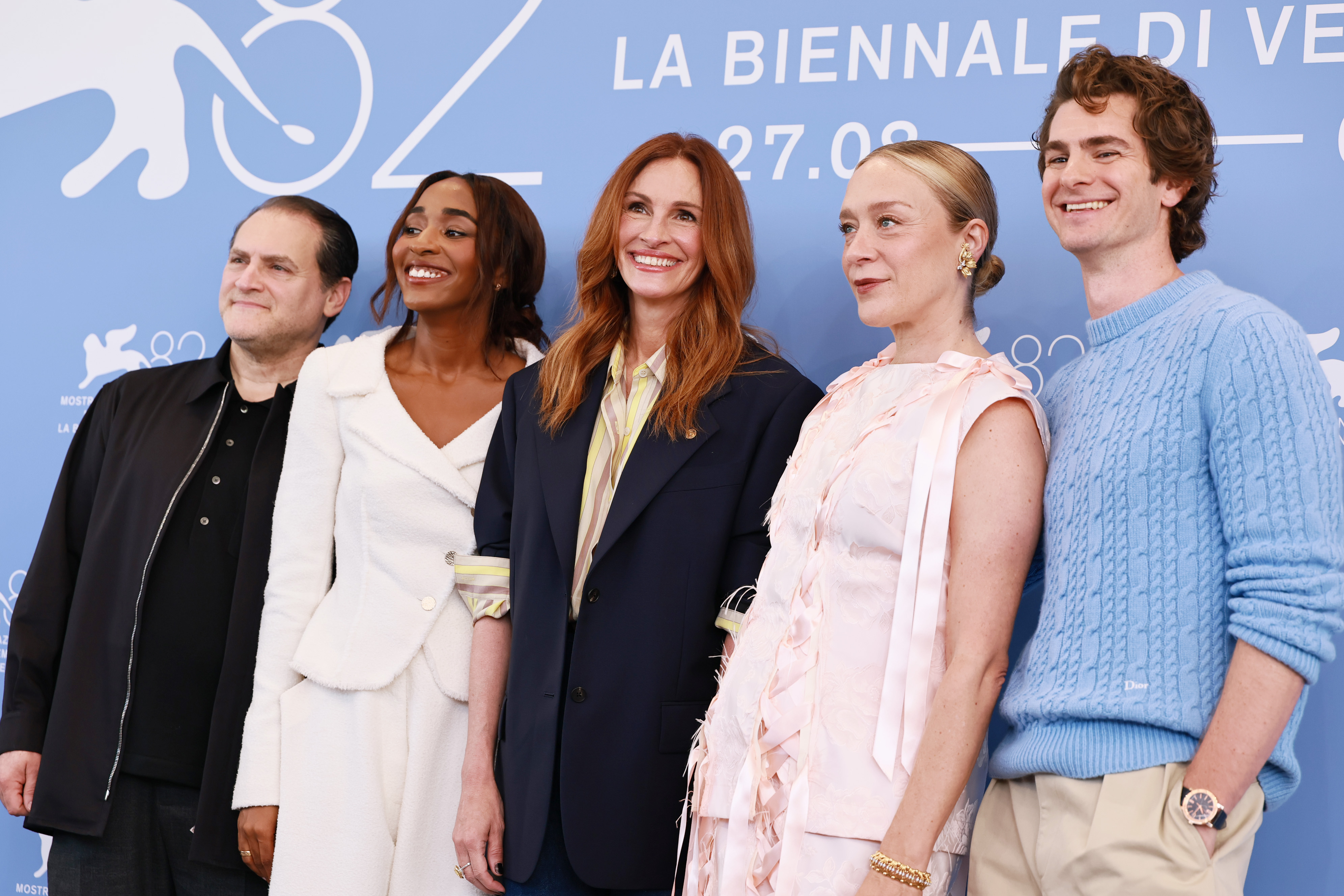 Michael Stuhlbarg, Ayo Edebiri, Julia Roberts, Chloë Sevigny and Andrew Garfield attend the 'After The Hunt' photocall during the 82nd Venice International Film Festival on August 29, 2025 in Venice, Italy.
