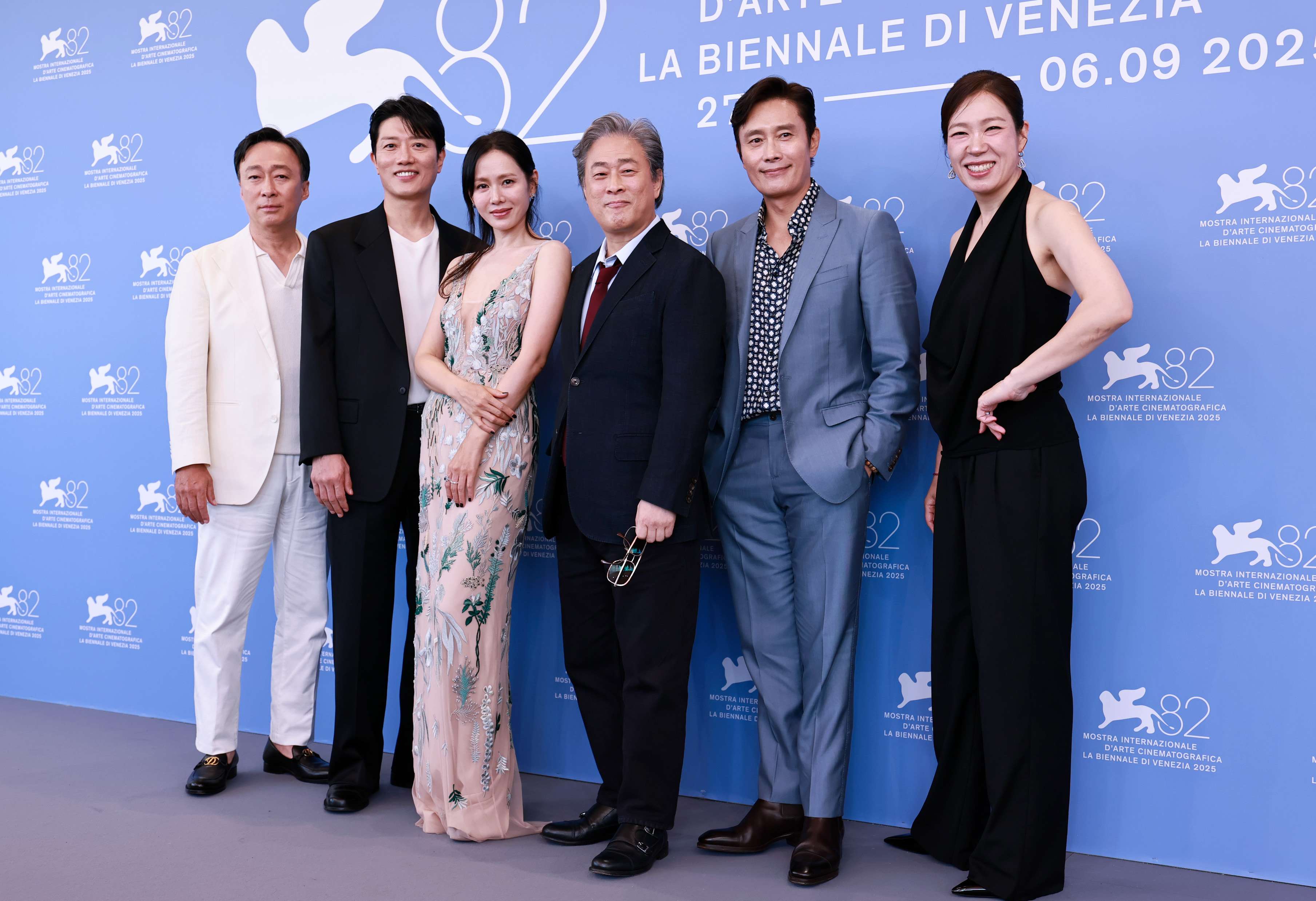 Lee Sung-min, Park Hee-soon, Son Ye-jin, director Park Chan-wook, Lee Byung-hun and Yeom Hye-ra attend the 'Eojjeol Suga Eopda' (No Other Choice) photocall during the 82nd Venice International Film Festival on August 29, 2025 in Venice, Italy.
