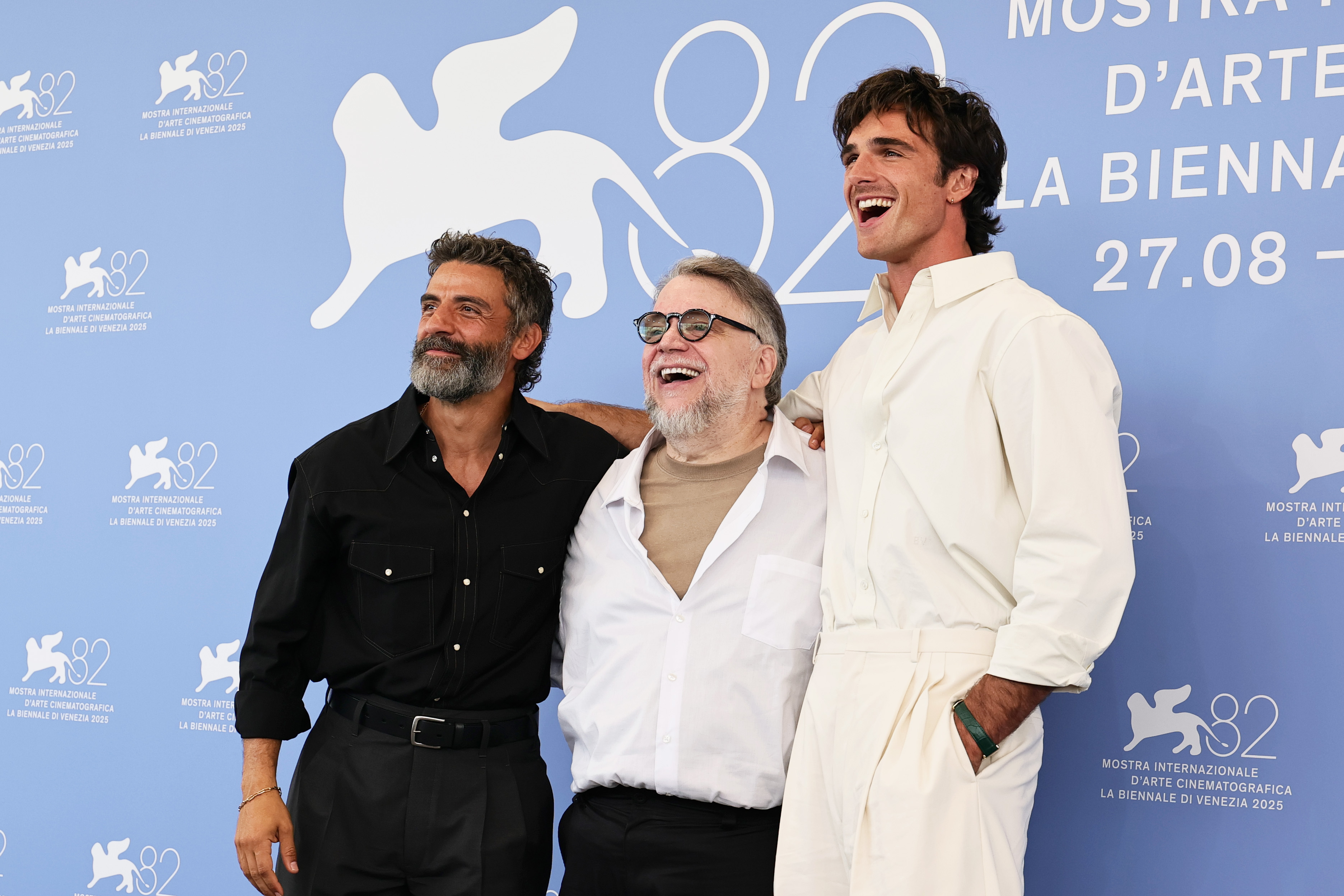 Oscar Isaac, Guillermo del Toro and Jacob Elordi attend the 'Frankenstein' photocall during the 82nd Venice International Film Festival on August 30, 2025 in Venice, Italy.