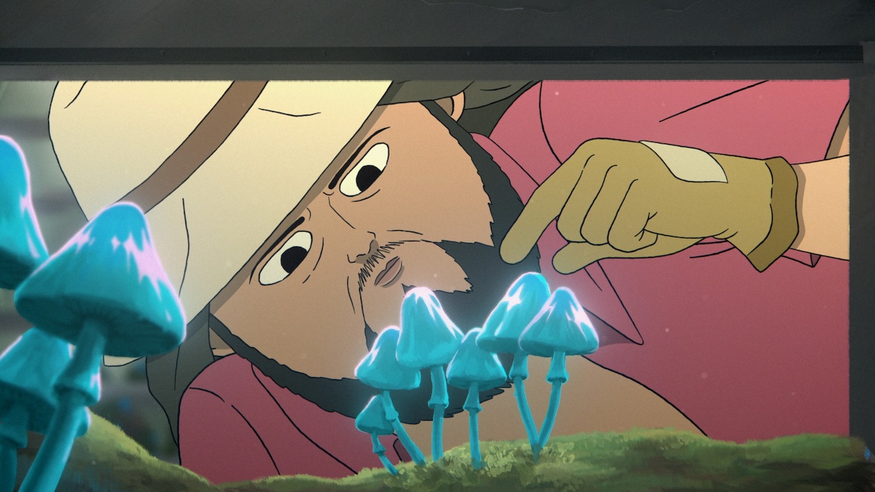 'Common Side Effects' stars Dave King as the actor voicing Marshall Cuso, shown here looking closely at bright blue mushrooms, about to pick one with a gloved hand