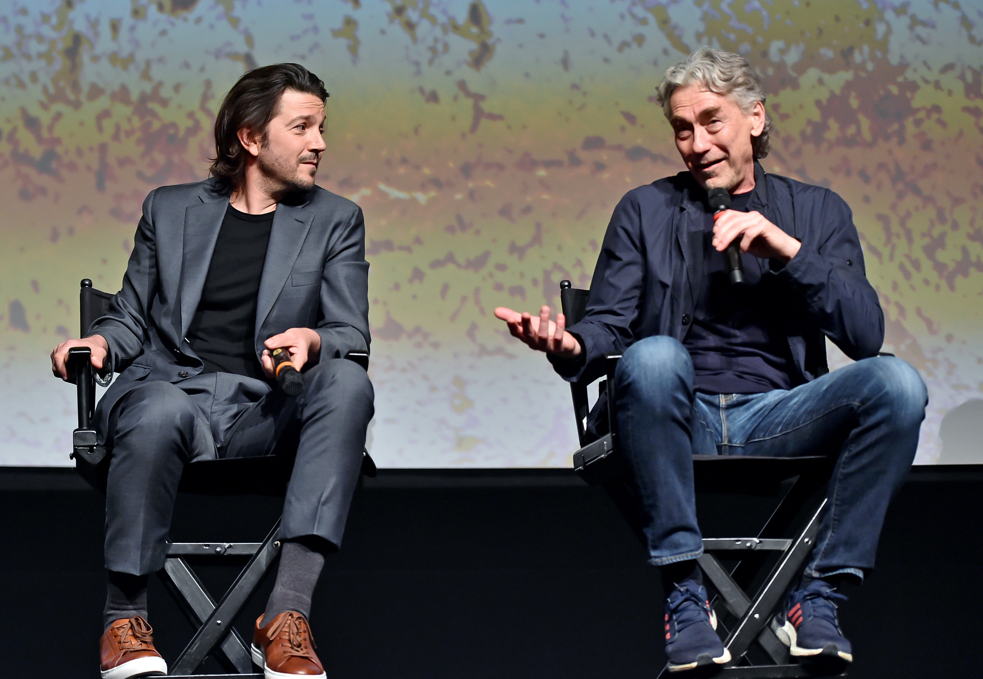 LOS ANGELES, CALIFORNIA - APRIL 30: (L-R) Diego Luna and Tony Gilroy speak onstage during the Emmy FYC Q & A for Andor at the DGA Theater in Los Angeles, California on April 30, 2023. (Photo by Alberto E. Rodriguez/Getty Images for Disney)