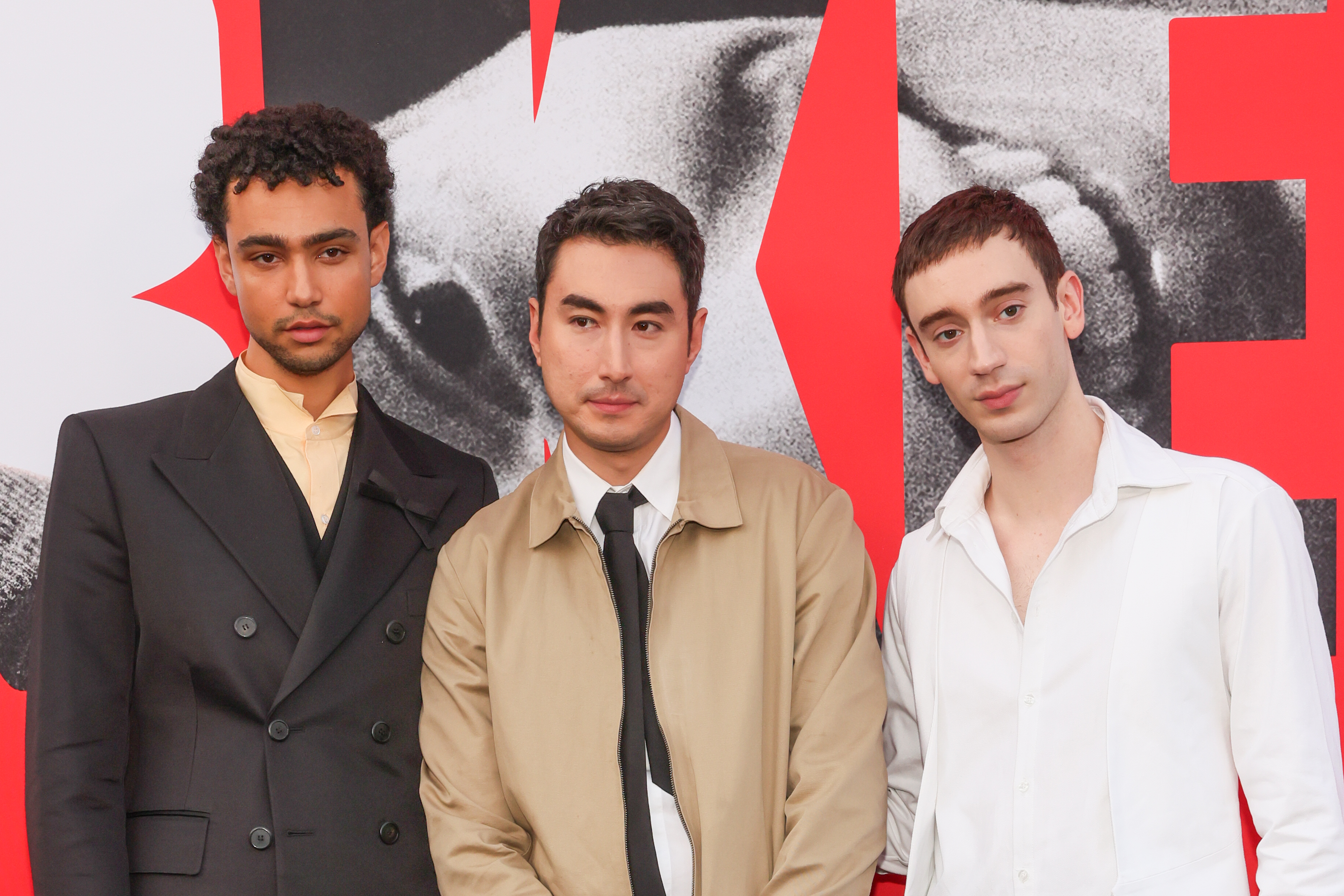 LOS ANGELES, CALIFORNIA - AUGUST 20: (L-R) Archie Madekwe, Alex Russell and Theodore Pellerin attend the premiere of Mubi's "Lurker" at Vista Theatre on August 20, 2025 in Los Angeles, California. (Photo by Paul Archuleta/Getty Images)