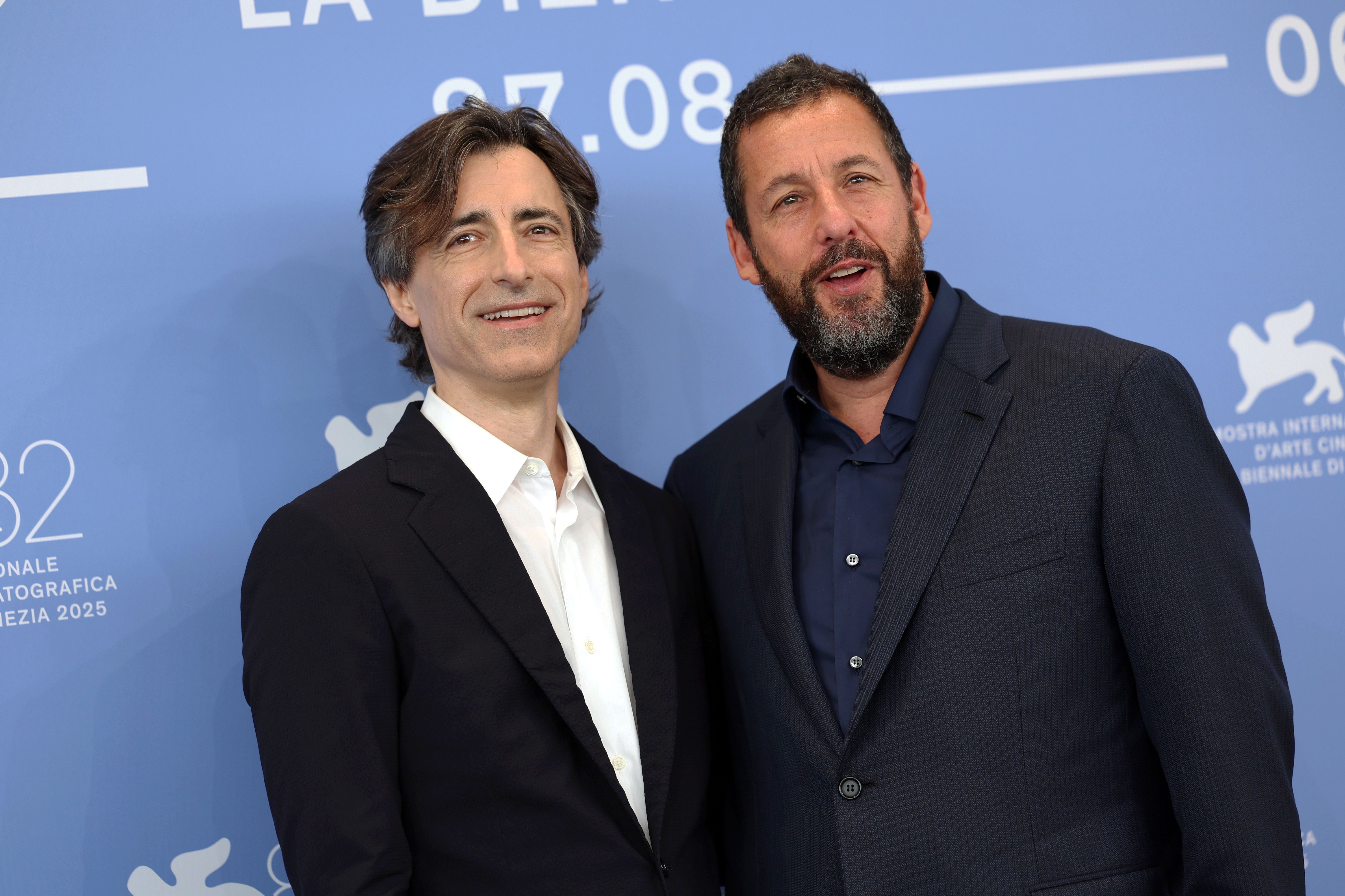 VENICE, ITALY - AUGUST 28: Noah Baumbach and Adam Sandler attend the "Jay Kelly" photocall during the 82nd Venice International Film Festival on August 28, 2025 in Venice, Italy. (Photo by Elisabetta A. Villa/Getty Images)