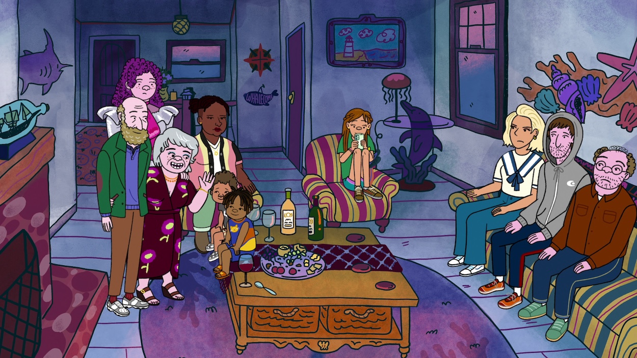 Long Story Short (L to R) Paul Reiser as Elliot Cooper, Abbi Jacobson as Shira Schwooper, Lisa Edelstein as Naomi Schwartz, Nicole Byer as Kendra, Avia Fields as Walter Hooper-Schwooper and Benjamin Hooper-Schwooper, Michaela Dietz as Hannah Schwooper, Angelique Cabral as Jen, Max Greenfield as Yoshi Schwooper and Ben Feldman as Avi Schwooper