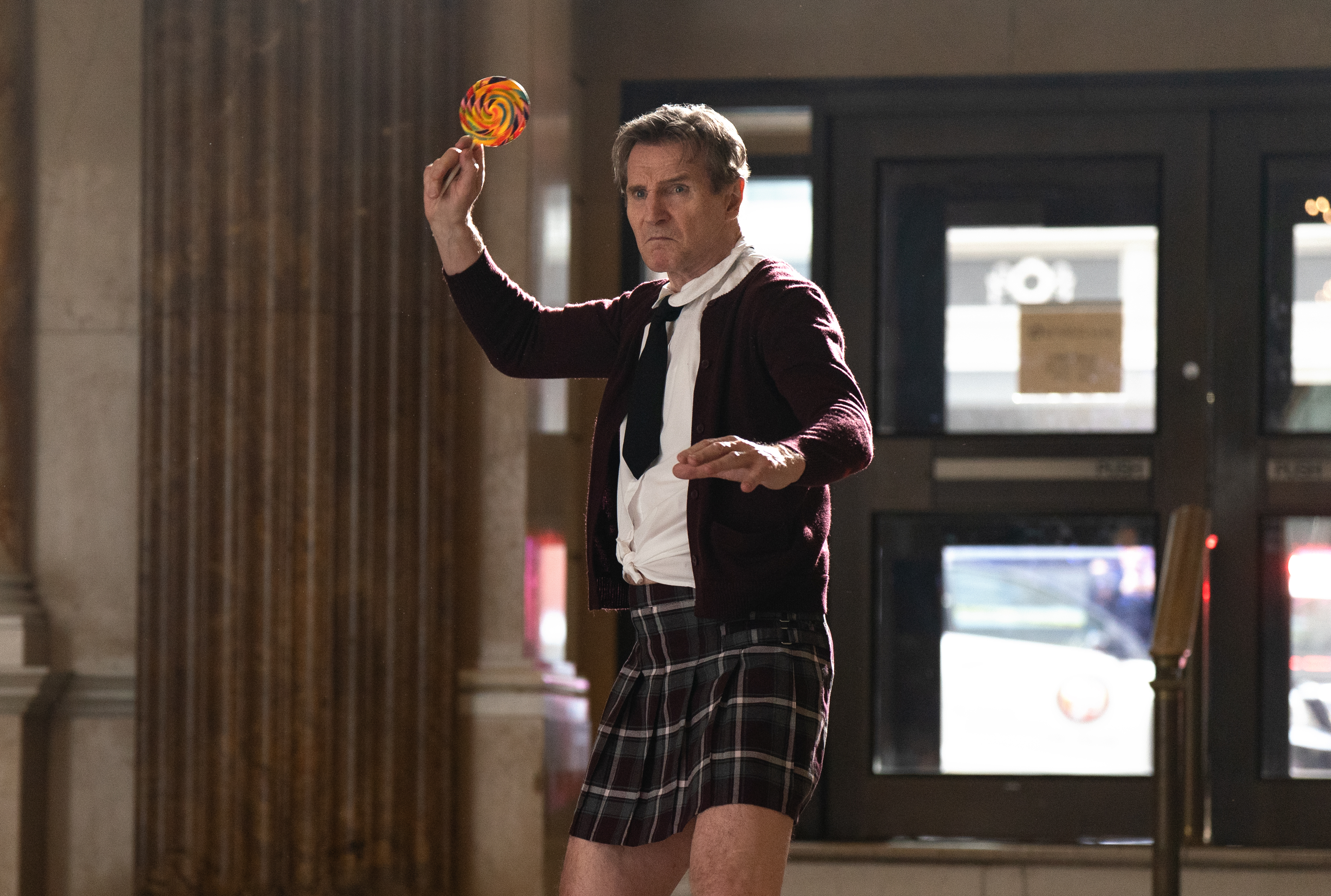 Liam Neeson plays Frank Drebin Jr. in The Naked Gun from Paramount Pictures.