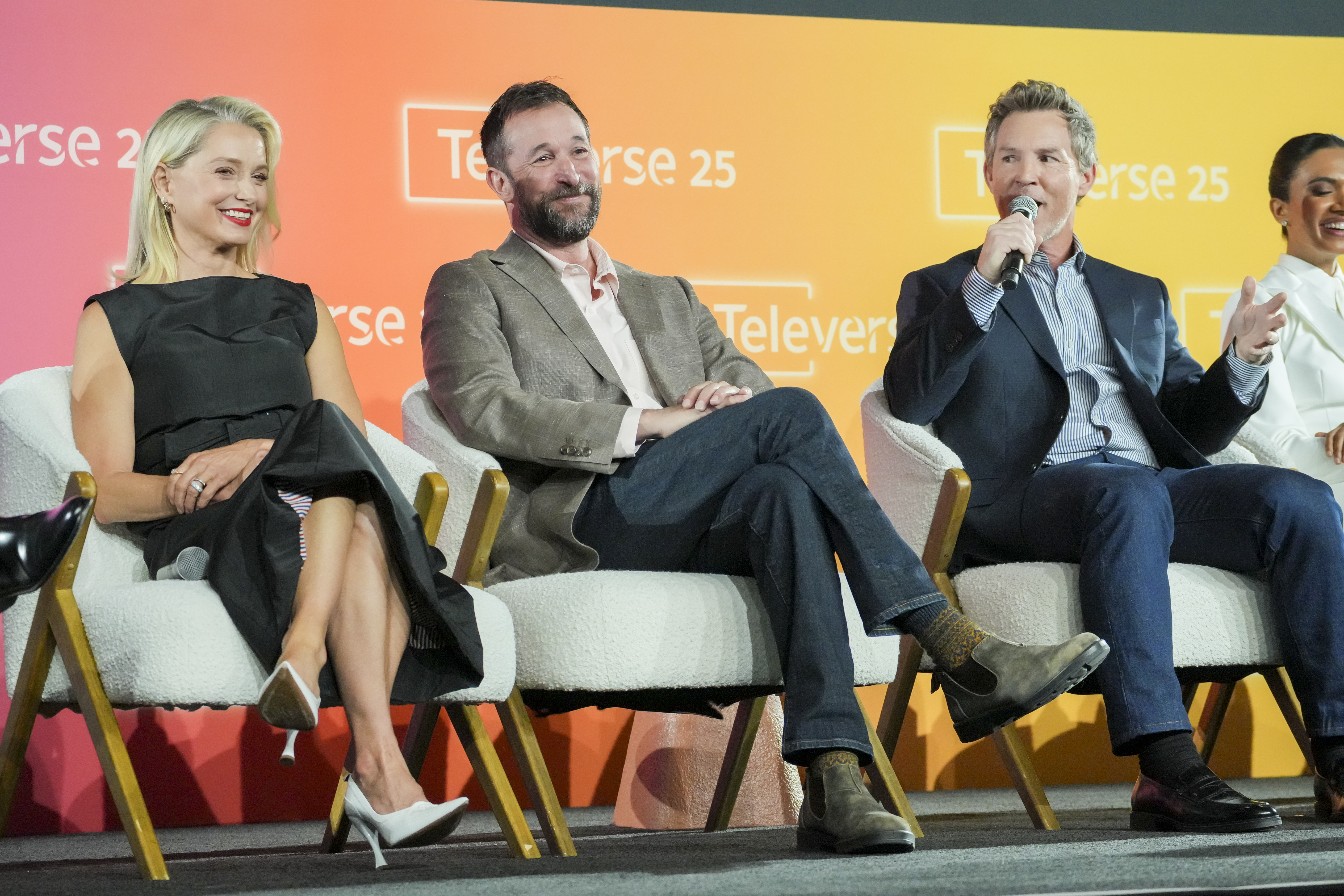 Actors Katherine LaNasa, from left, Noah Wyle, Shawn Hatosy, and Supriya Ganesh participate in a lively discussion during the FYC presentation of “The Pitt” at Televerse 25, a festival by the Television Academy, on Saturday, Aug. 16, 2025 at the JW Marriott L.A. LIVE in Los Angeles.