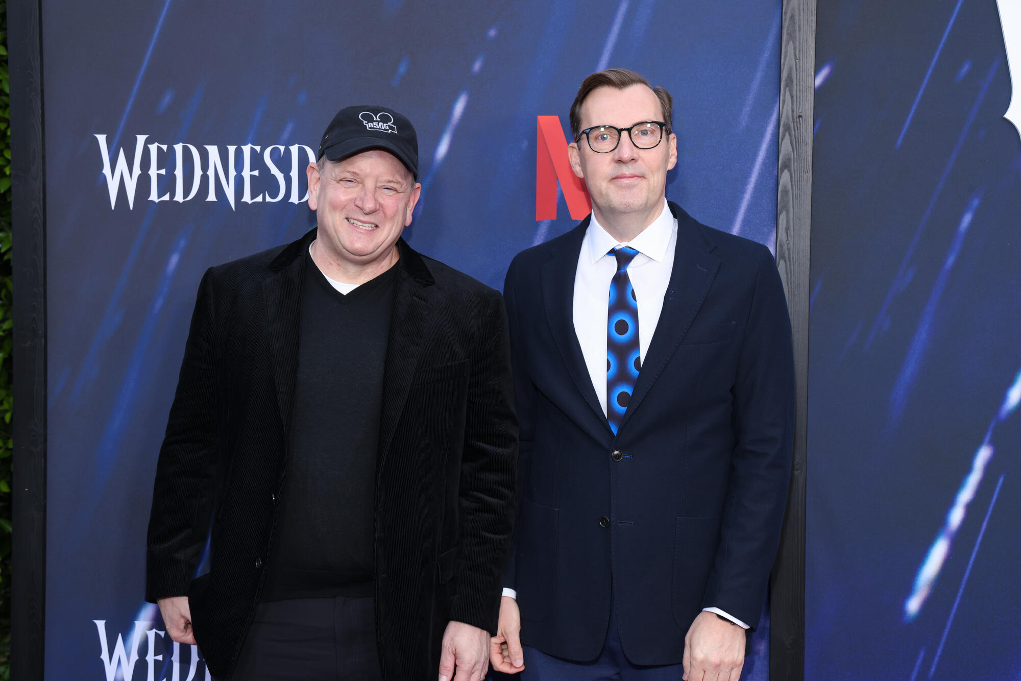 Alfred Gough and Miles Millar at the photo call for "Wednesday" held at Hollywood Forever Cemetery on April 29, 2023 in Los Angeles, California.