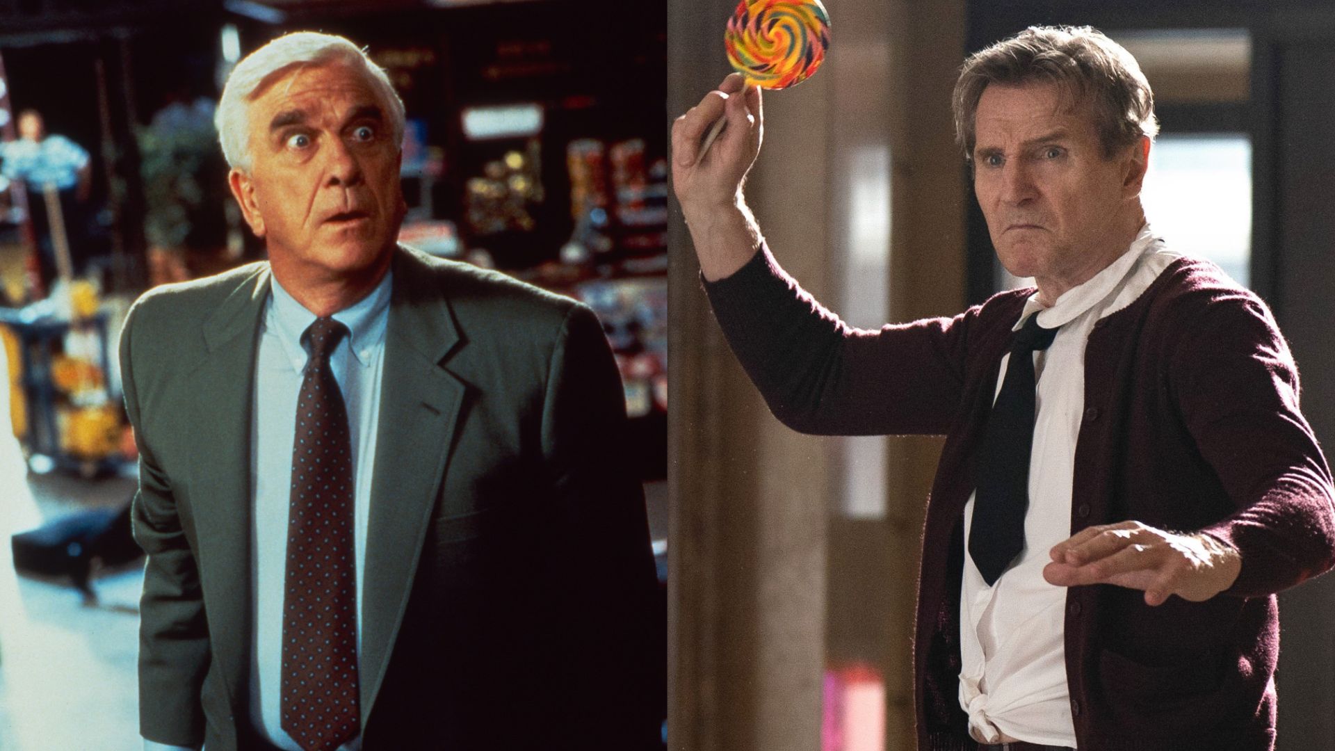 Leslie Nielsen and Liam Neeson as the two Frank Drebins.