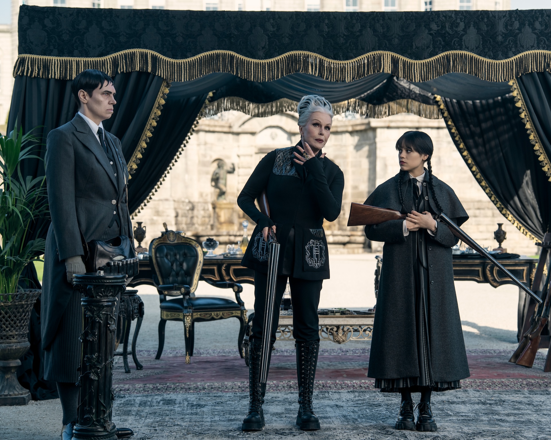 Wednesday. (L to R) Liv Spencer as Varicose, Joanna Lumley as Grandmama, Jenna Ortega as Wednesday Addams in episode 206 of Wednesday. Cr. Bernard Walsh/Netflix © 2025