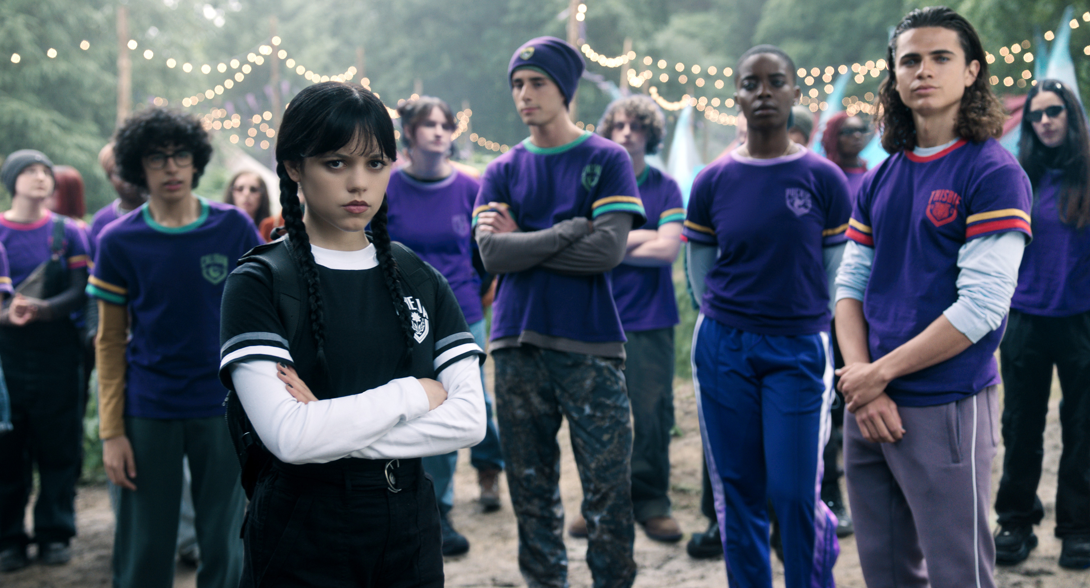 Wednesday. (L to R) Moosa Mostafa as Eugene, Jenna Ortega as Wednesday Addams, Georgie Farmer as Ajax, Joy Sunday as Bianca Barclay, Oliver Watson as Kent in episode 203 of Wednesday. Cr. Courtesy of Netflix © 2025