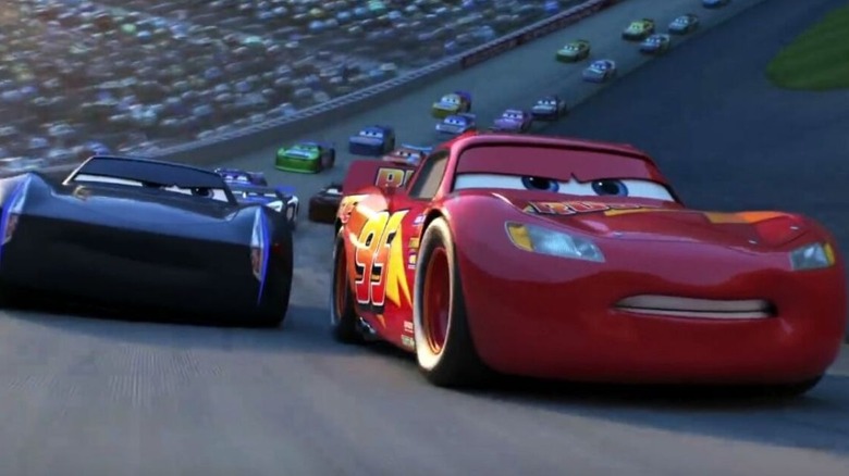 Jackson Storm tries to get ahead of Lightning McQueen in "Cars 3" (2017)