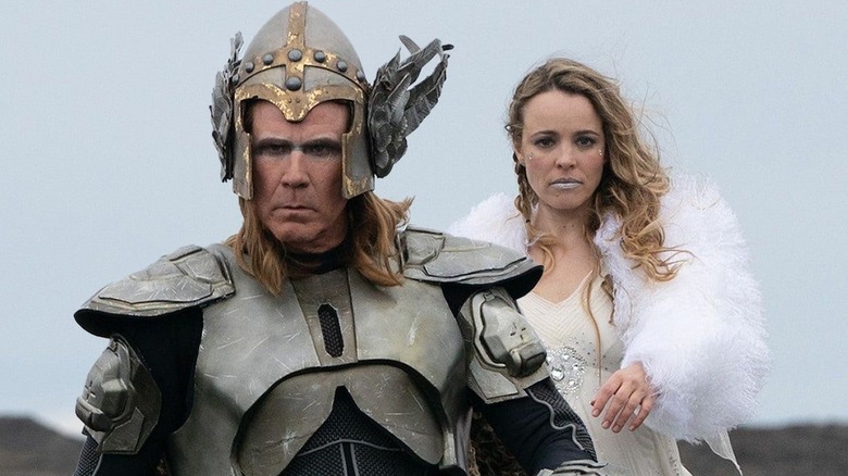 Lars in armor and Sigrit in a white dress in Eurovision Song Contest: The Story of Fire Saga (2020)