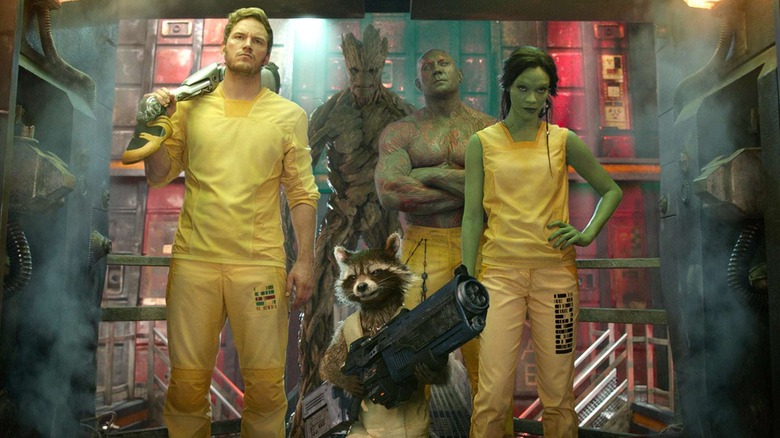 Peter Groot Rocket Drax and Gamora escaping prison in Guardians of the Galaxy