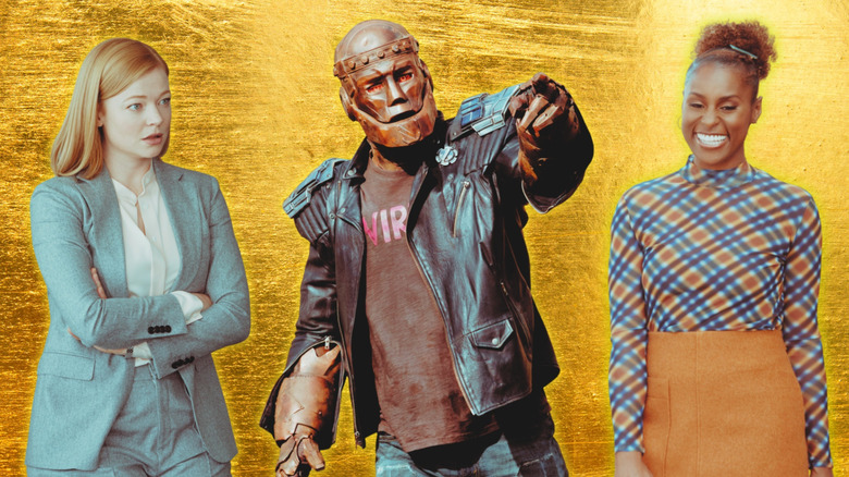 From left to right: Shiv Roy (Sarah Snook) on "Succession;" Robotman aka Cliff Steele (Brendan Fraser) on "Doom Patrol;" and Molly (Yvonne Orji) on "Insecure"