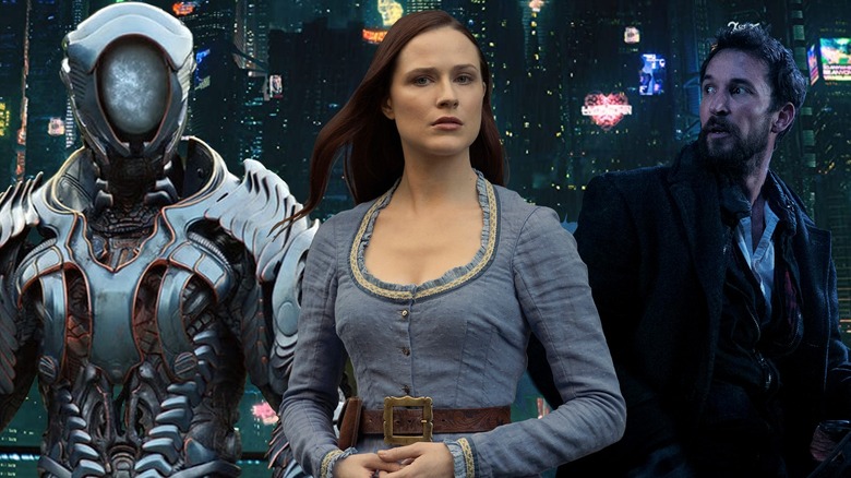 Robot from "Lost in Space," Dolores in "Westworld" and Tom Mason in "Falling Skies" over a cityscape from "Altered Carbon"