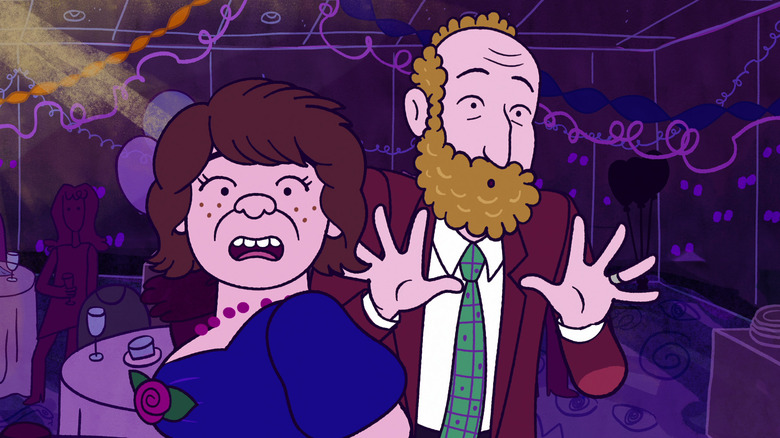Naomi and Richard appear shocked at a party in "Long Story Short" (2025)