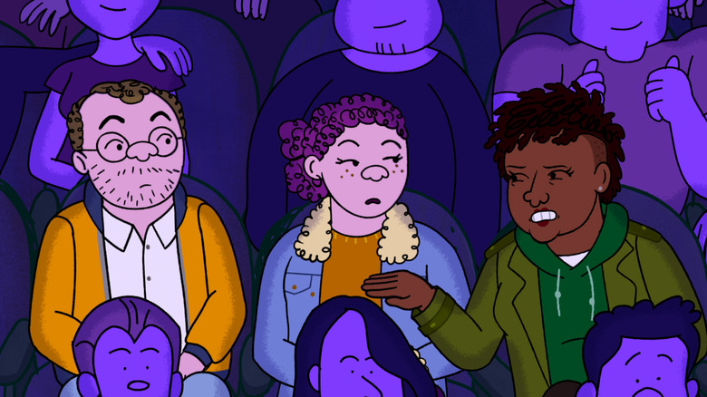 Avi, Shira, and Kendra sit in a theater in "Long Story Short" (2025)