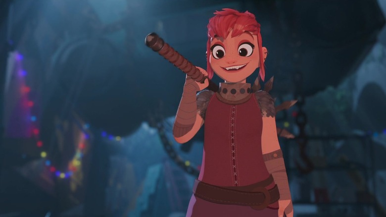 Nimona with a mace and an impish grin in "Nimona"