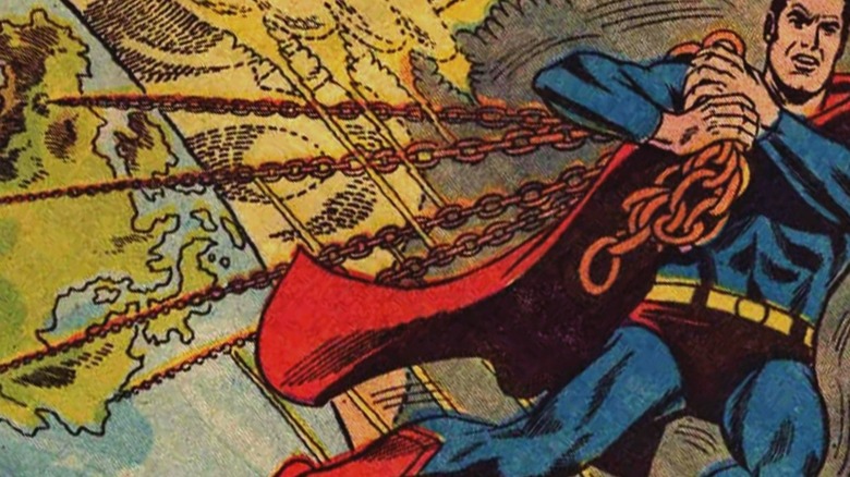 Superman pulling the continents apart with chains