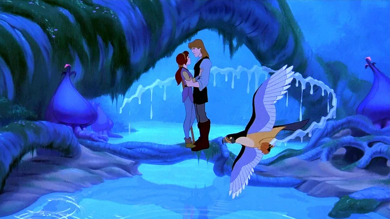Kayley and Garrett embrace by the water in Quest for Camelot (1998)