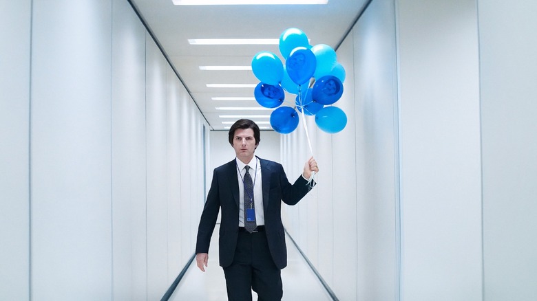 Mark walks down a hallway with blue balloons in "Severance" (2022-present)