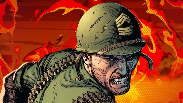 Sgt. Rock in uniform next to some flames
