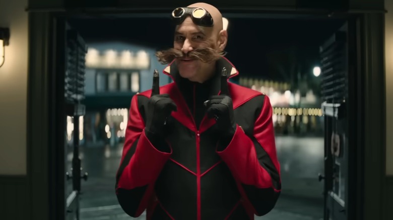 Dr. Robotnik wearing a red suit and goggles in "Sonic the Hedgehog 2" (2022)