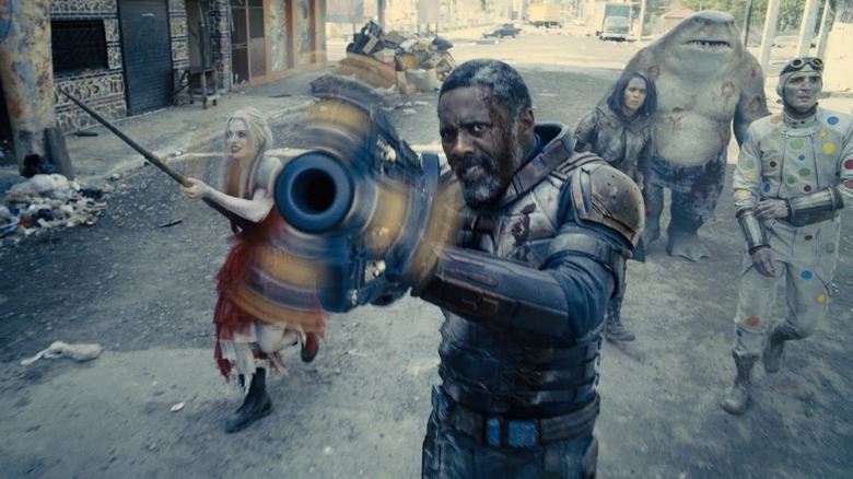 Harley, Bloodsport, Ratcatcher 2, King Shark, and Polka-Dot Man charge into battle in "The Suicide Squad" (2021)