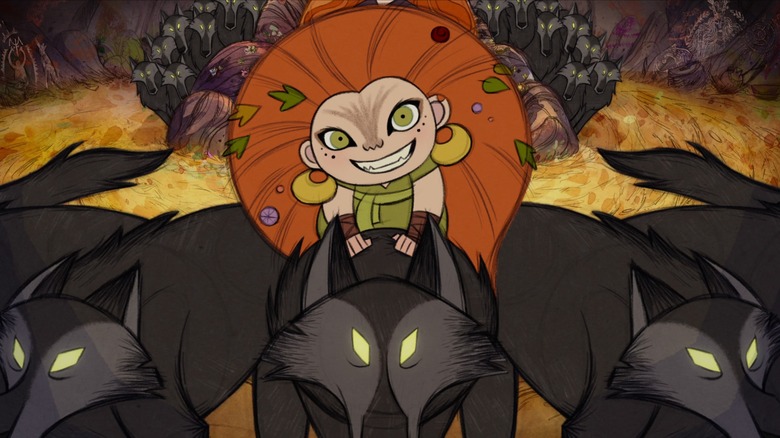 Mebh from "Wolfwalkers" riding a wolf and grinning