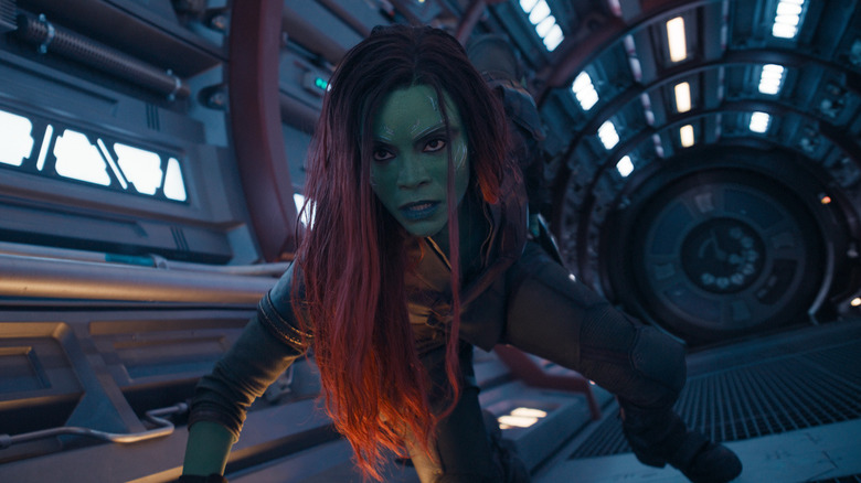 Gamora slides across the floor in "Guardians of the Galaxy Vol. 3" (2023)