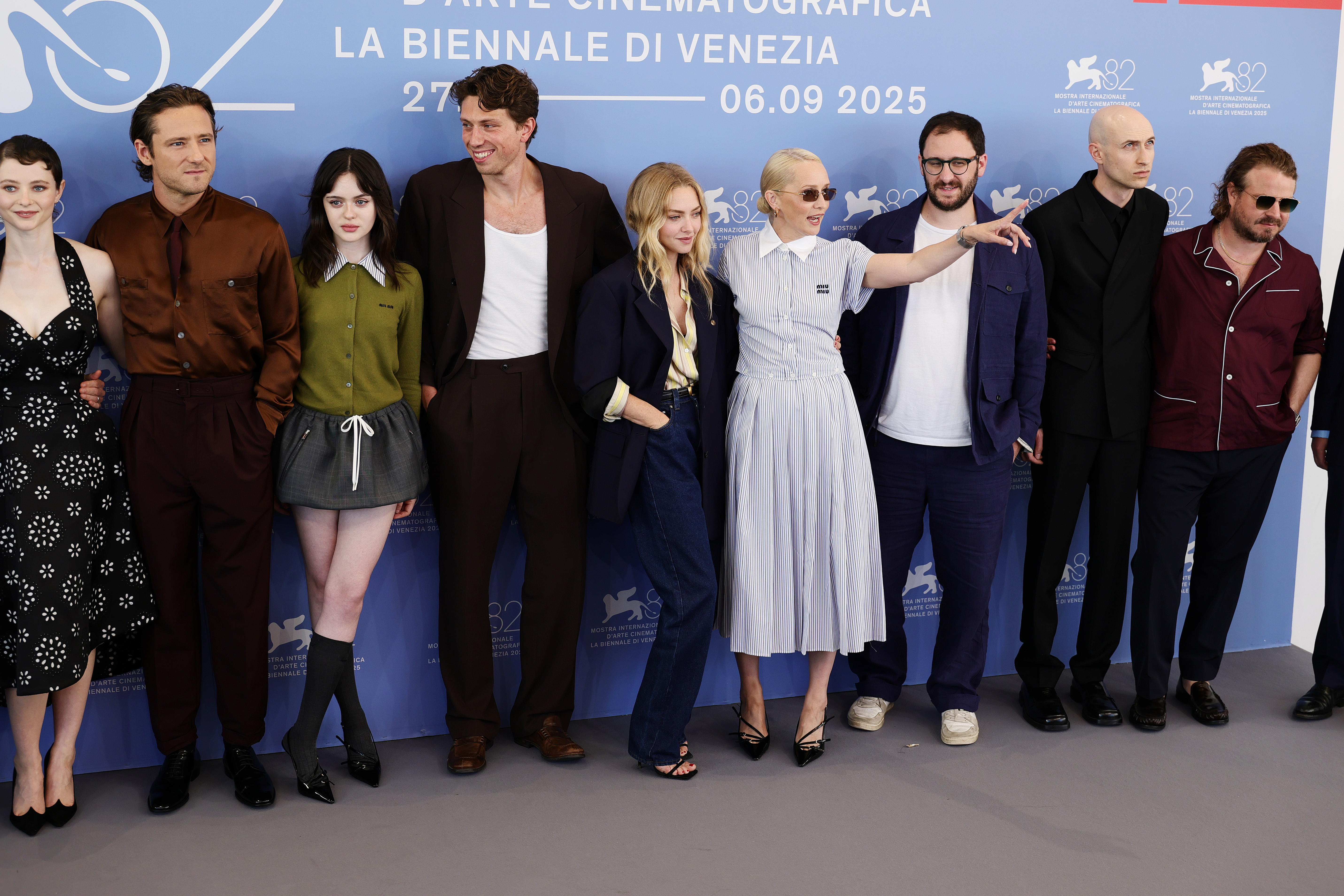 Thomasin McKenzie, Lewis Pullman, Viola Prettejohn, Jamie Bogyo, Amanda Seyfried, Mona Fastvold, Andrew Morrison, Daniel Blumberg and Brady Corbet attend 'The Testament Of Ann Lee' photocall during the 82nd Venice International Film Festival on September 01, 2025 in Venice, Italy.