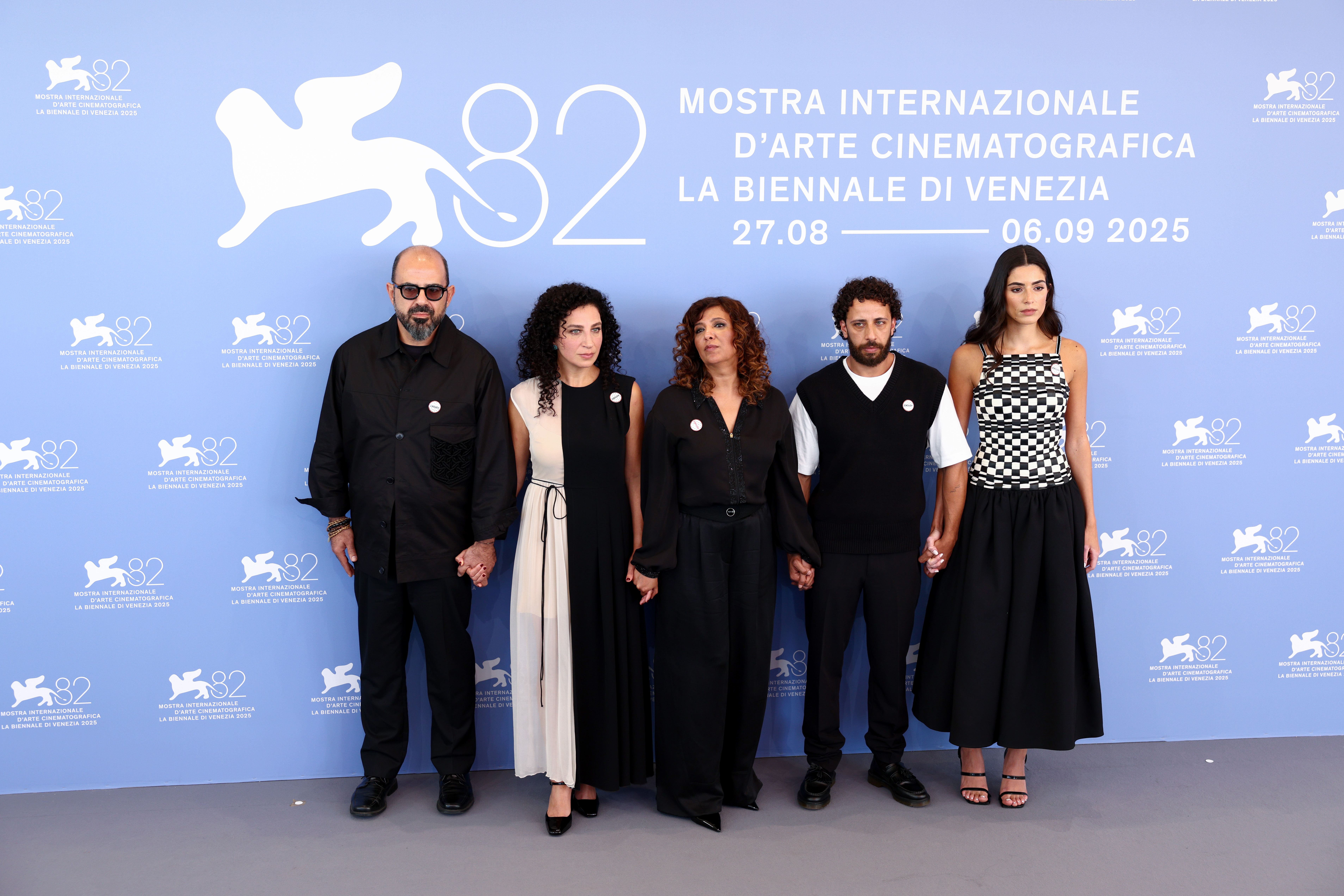 Amer Hlehel, Clara Khoury, Kaouther Ben Hania, Motaz Malhees and Saja Kilan attend the 'The Voice Of Hind Rajab' photocall during the 82nd Venice International Film Festival on September 03, 2025 in Venice, Italy.