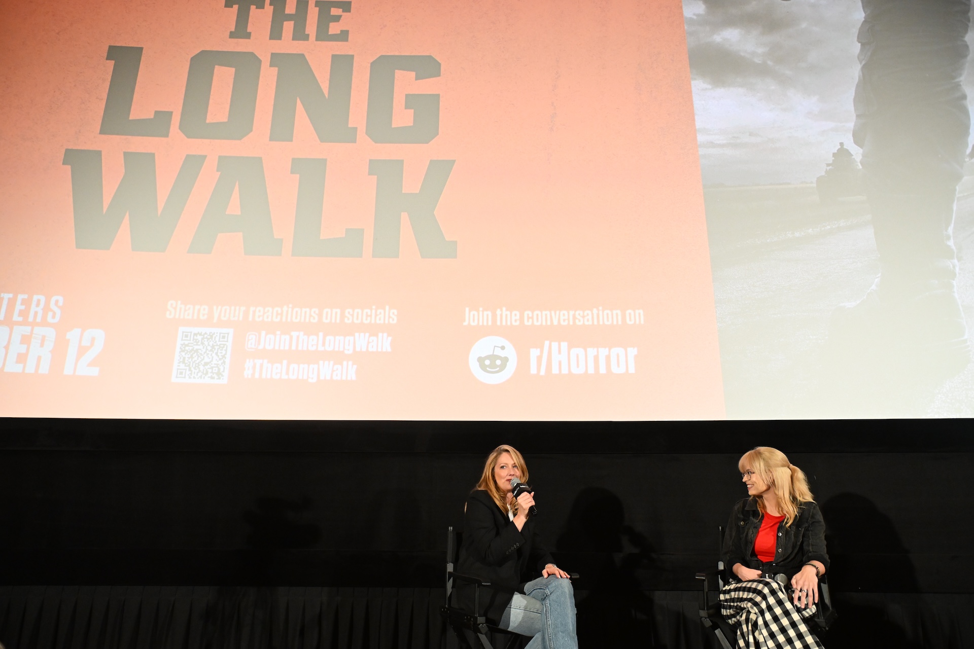LOS ANGELES, CALIFORNIA - SEPTEMBER 04: Judy Greer and Alison Foreman speak at Indiewire hosts Lionsgate's "The Long Walk" screening at AMC Century City 15 on September 04, 2025 in Los Angeles, California. (Photo by Vivien Killilea/Getty Images for Lionsgate)