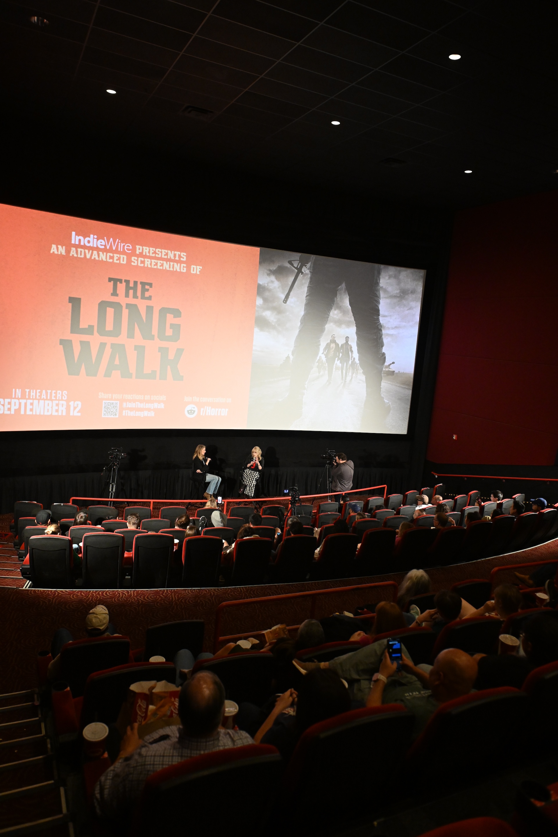 LOS ANGELES, CALIFORNIA - SEPTEMBER 04: Judy Greer and Alison Foreman speak at Indiewire hosts Lionsgate's "The Long Walk" screening at AMC Century City 15 on September 04, 2025 in Los Angeles, California. (Photo by Vivien Killilea/Getty Images for Lionsgate)