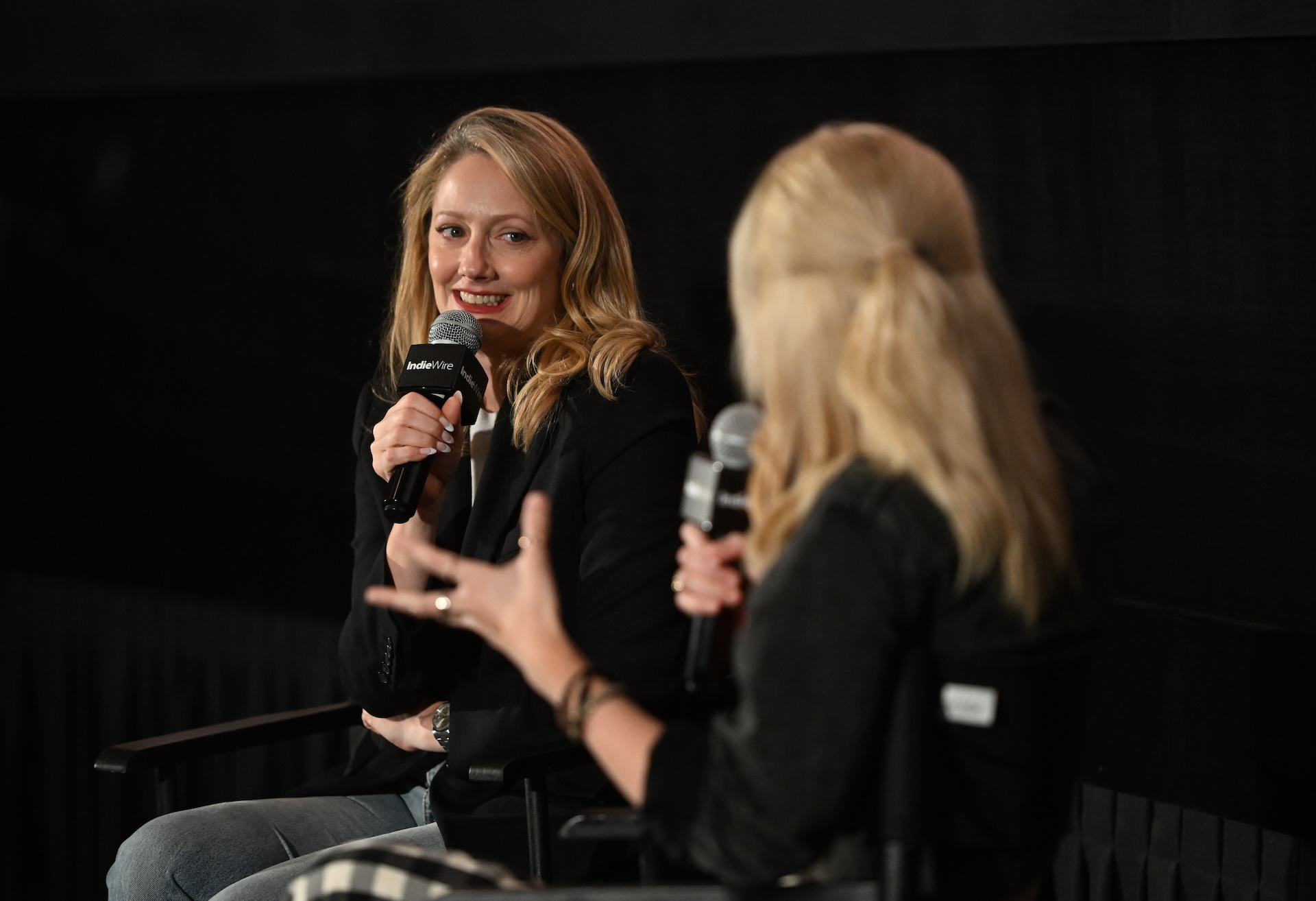LOS ANGELES, CALIFORNIA - SEPTEMBER 04: Judy Greer and Alison Foreman speak at Indiewire hosts Lionsgate's "The Long Walk" screening at AMC Century City 15 on September 04, 2025 in Los Angeles, California. (Photo by Vivien Killilea/Getty Images for Lionsgate)