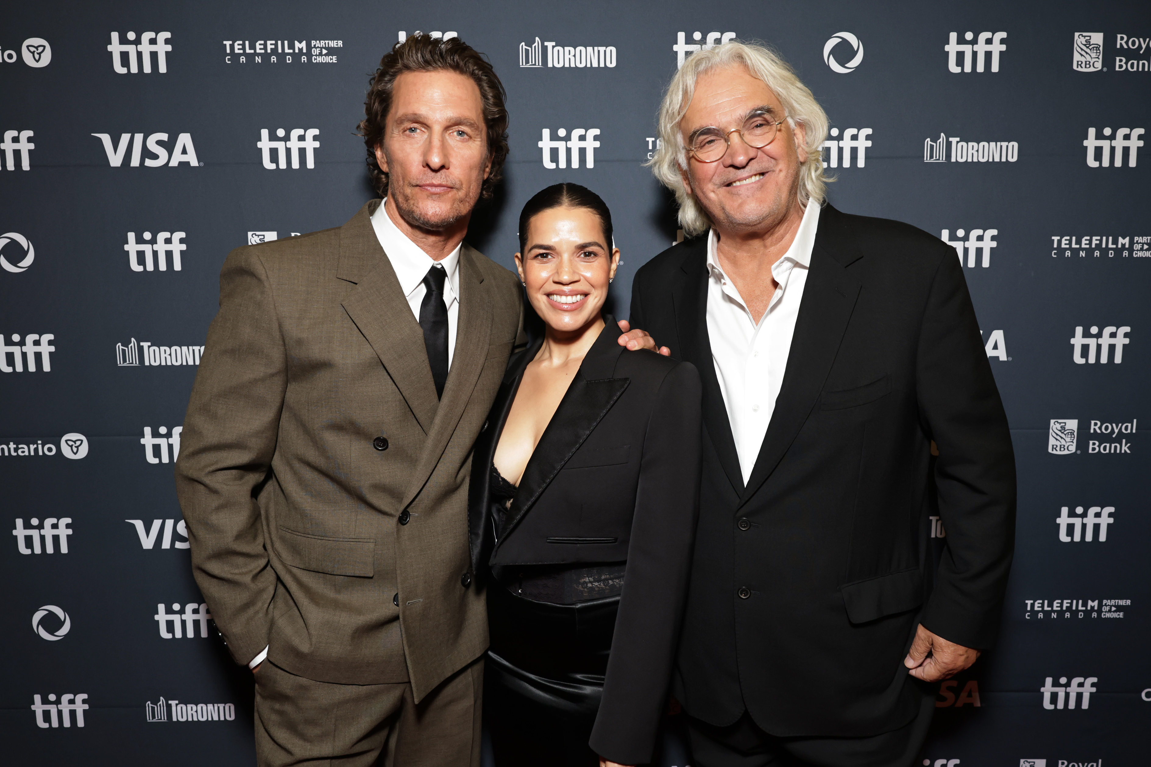 Matthew McConaughey, America Ferrera, and writer/director Paul Greengrass attend the Toronto International Film Festival world premiere for Apple Original Films' 'The Lost Bus'