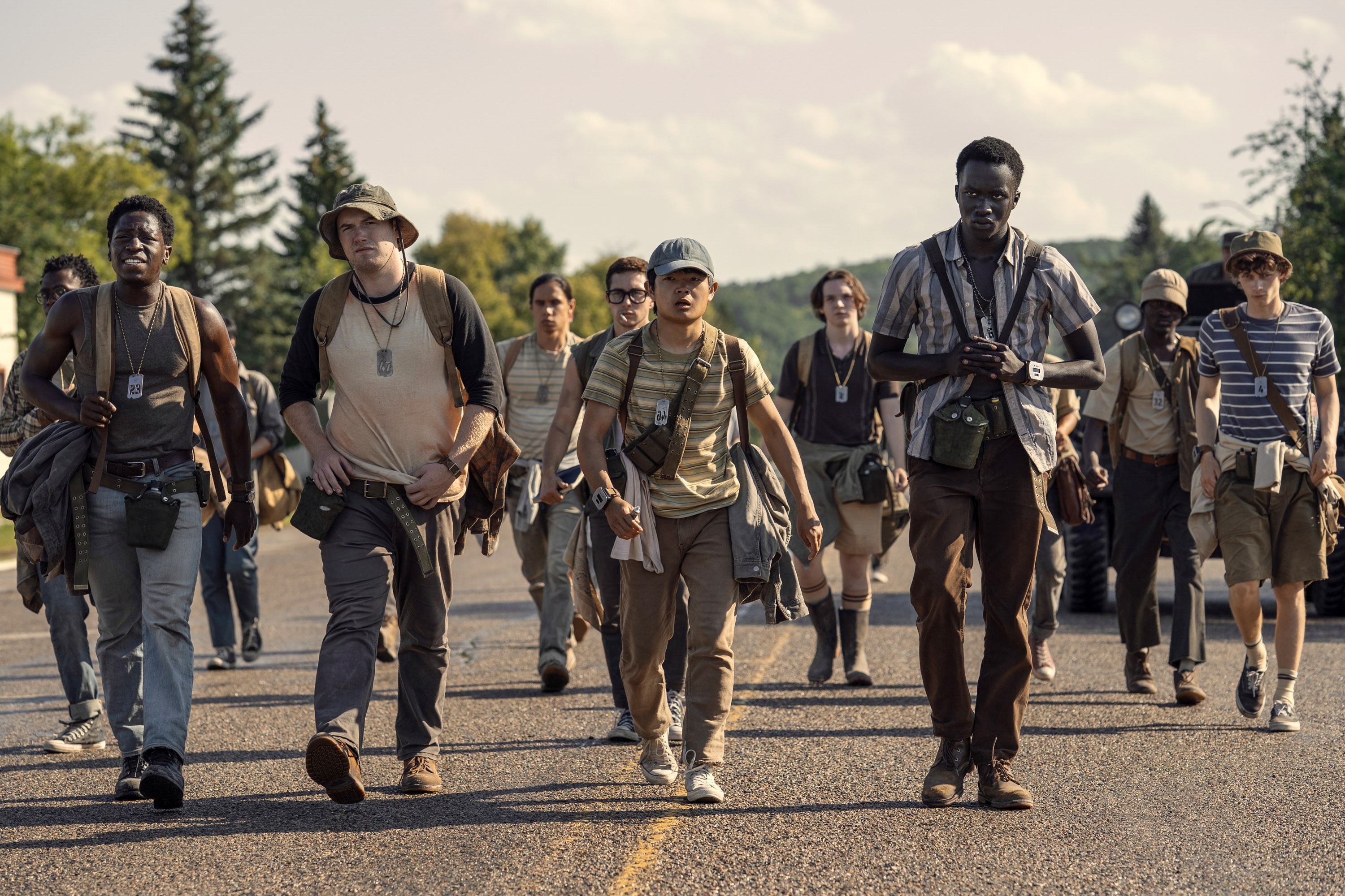THE LONG WALK, from left: David Jonsson, Cooper Hoffman, Jordan Gonzalez, Ben Wang, Tut Nyuot, 2025. ph: Murray Close / © Lionsgate / Courtesy Everett Collection