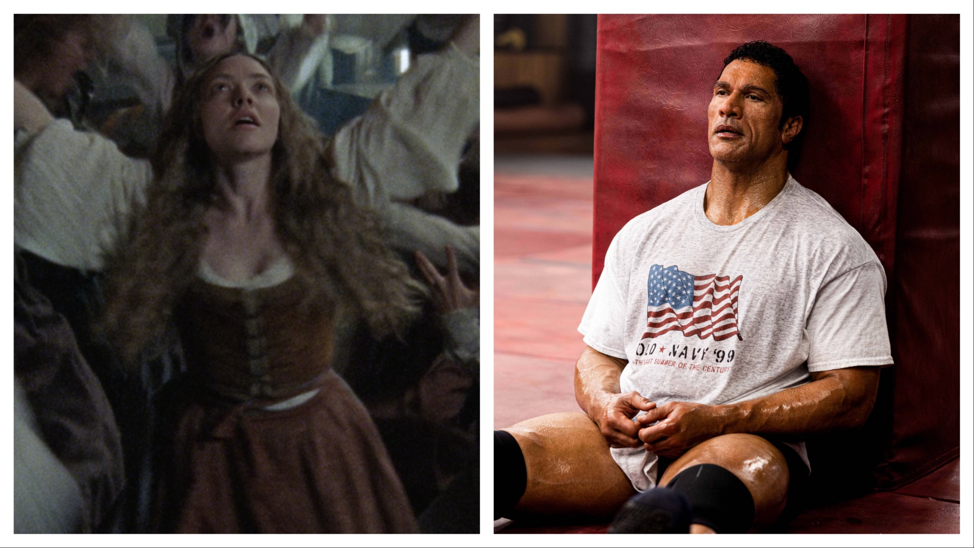 Amanda Seyfried in 'The Testament of Ann Lee'; Dwayne Johnson in 'The Smashing Machine'
