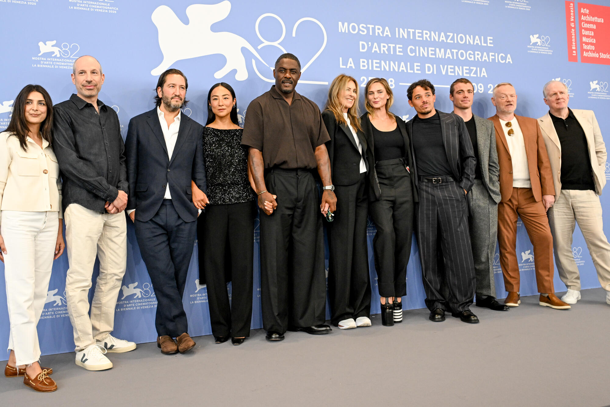 Noah Oppenheim, Greg Shapiro, Greta Lee, Idris Elba, Kathryn Bigelow, Rebecca Ferguson, Anthony Ramos, Gabriel Basso, Jared Harris, Tracy Letts at the "A House Of Dynamite" photocall at The 82nd Venice International Film Festival on September 02, 2025 in Venice, Italy.
