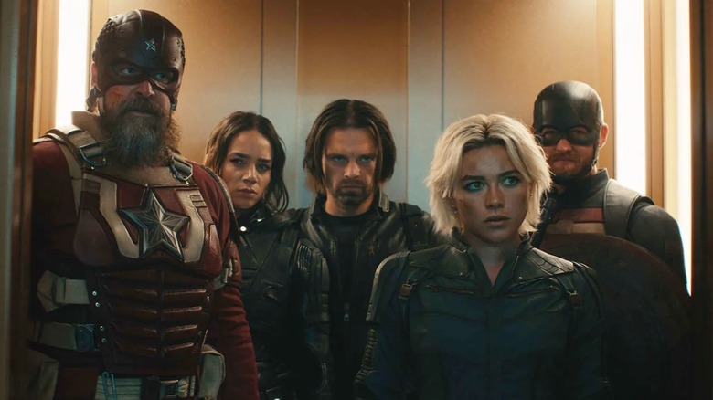 The Thunderbolts standing in an elevator in "Thunderbolts*" (2025)