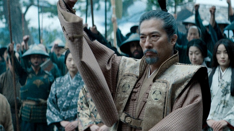 Toranaga stands in front of a crowd of warriors on Shogun