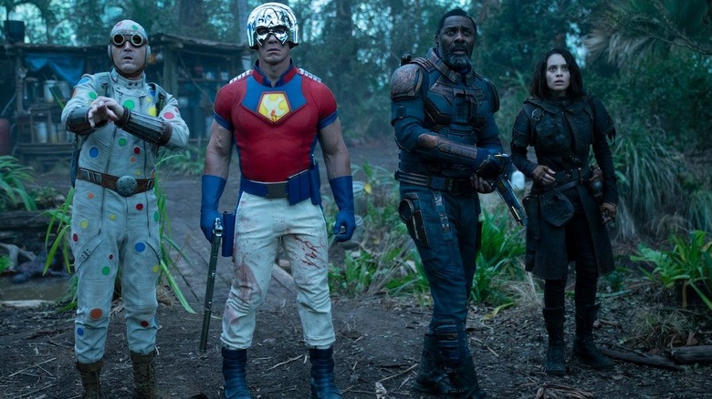 Polka-Dot Man, Peacemaker, Bloodsport, and Ratcatcher 2 attack a village in "The Suicide Squad" (2021)